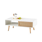 41.34' Rattan Coffee Table, Sliding Door for Storage, Solid Wood Legs, Modern Table for Living Room-White - Grand Goldman Shop