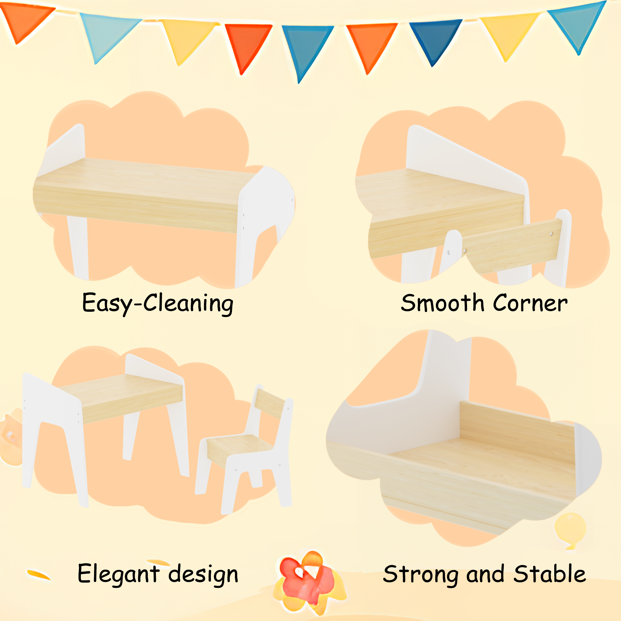 Kids Table Set with One Chair, Wooden Children Study Table, 2-8  Age Kids Funiture , White+Natural - Grand Goldman