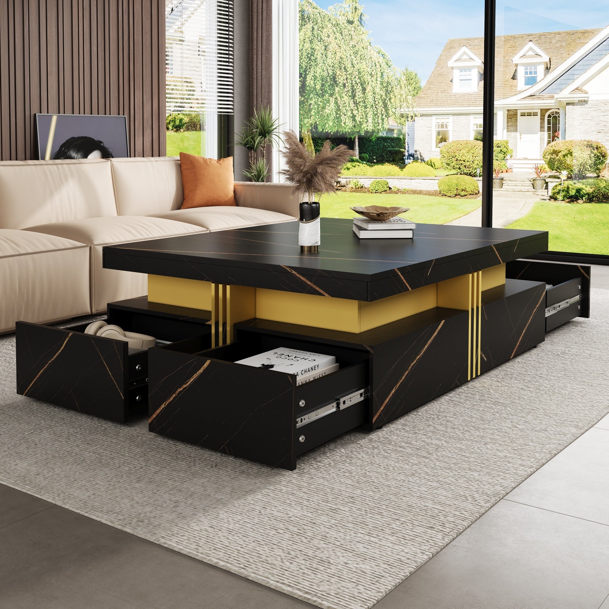 Modern Black Square Storage Coffee Table With 4 Drawers - Grand Goldman Shop