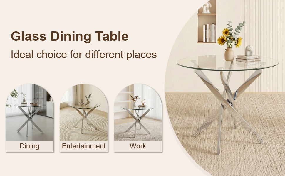 Round Dining Table, 35.5' Glass Dining Table with Silver Legs, Modern Kitchen Table for Home Kitchen, Dining Room - Grand Goldman Shop