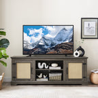 Farmhouse Rattan TV Stand Console Table for TVs up to 70 Inches, TV Console Table with 2 Storage Shelves, 2 Natural Rattan Door Cabinets, 65'W*15.55'D*23.86'H, Gray - Grand Goldman Shop