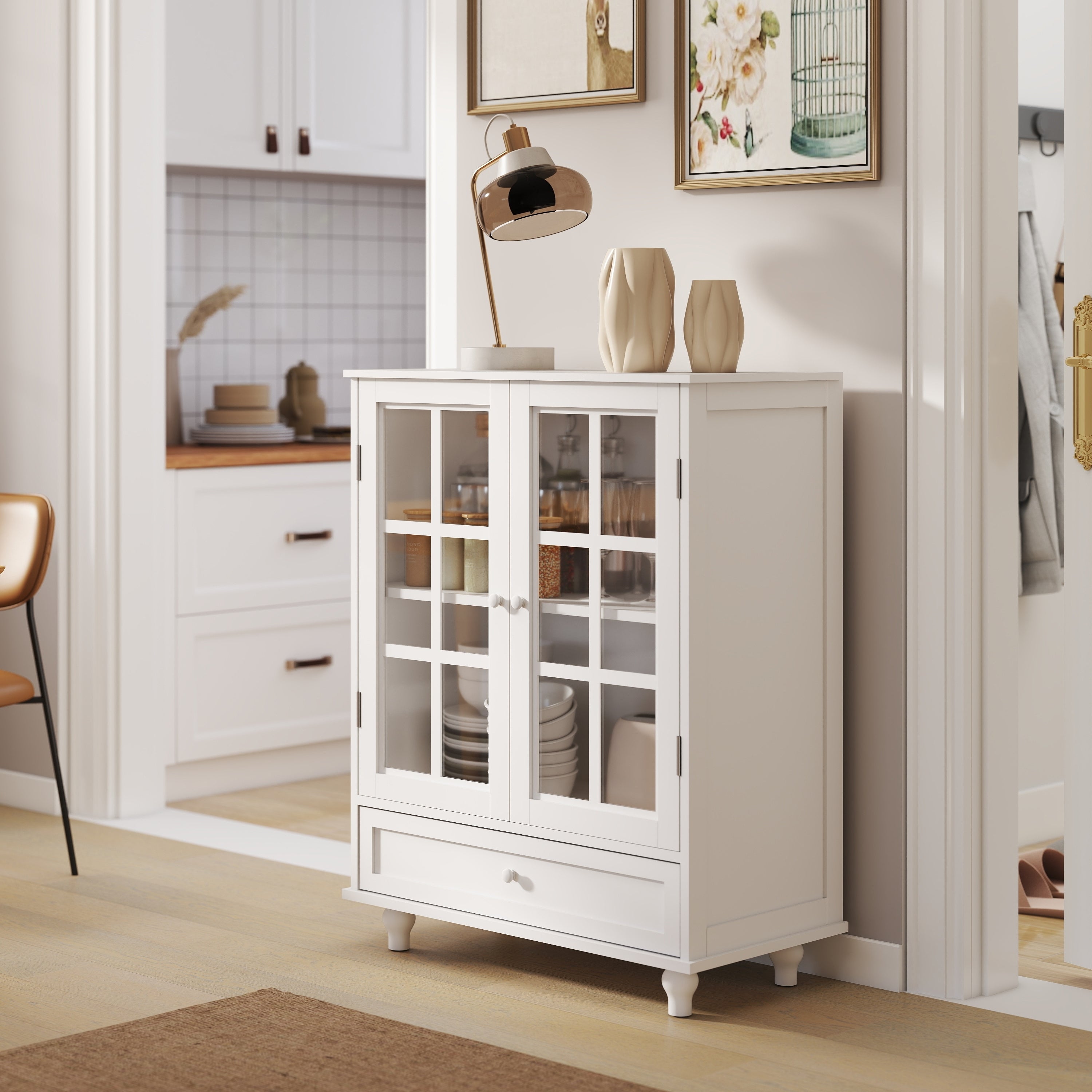 Minimalist White Buffet Cabinet with Double Glass Doors and Drawer, Modern Wooden Storage Sideboard Cupboard for Living room, Dining Room Hallway Entryway - Grand Goldman Shop