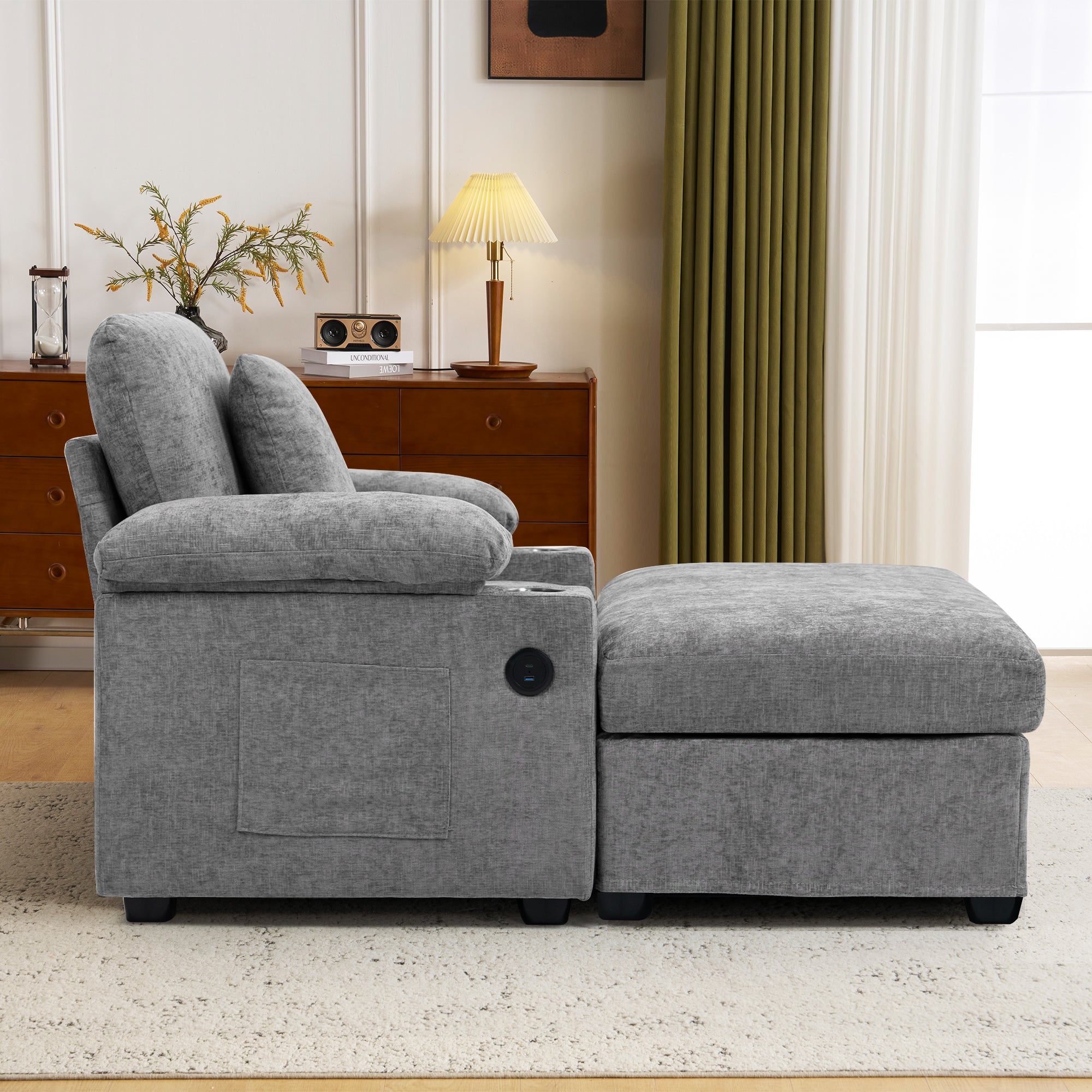 Modern Oversized Chair with Ottoman,Chenille Fabric Sofa Bed,Accent Chair Comfy Sofa with Cupholders and USB Charging Ports Chair for Living Room,Bedroom,Apartment - Grand Goldman Shop