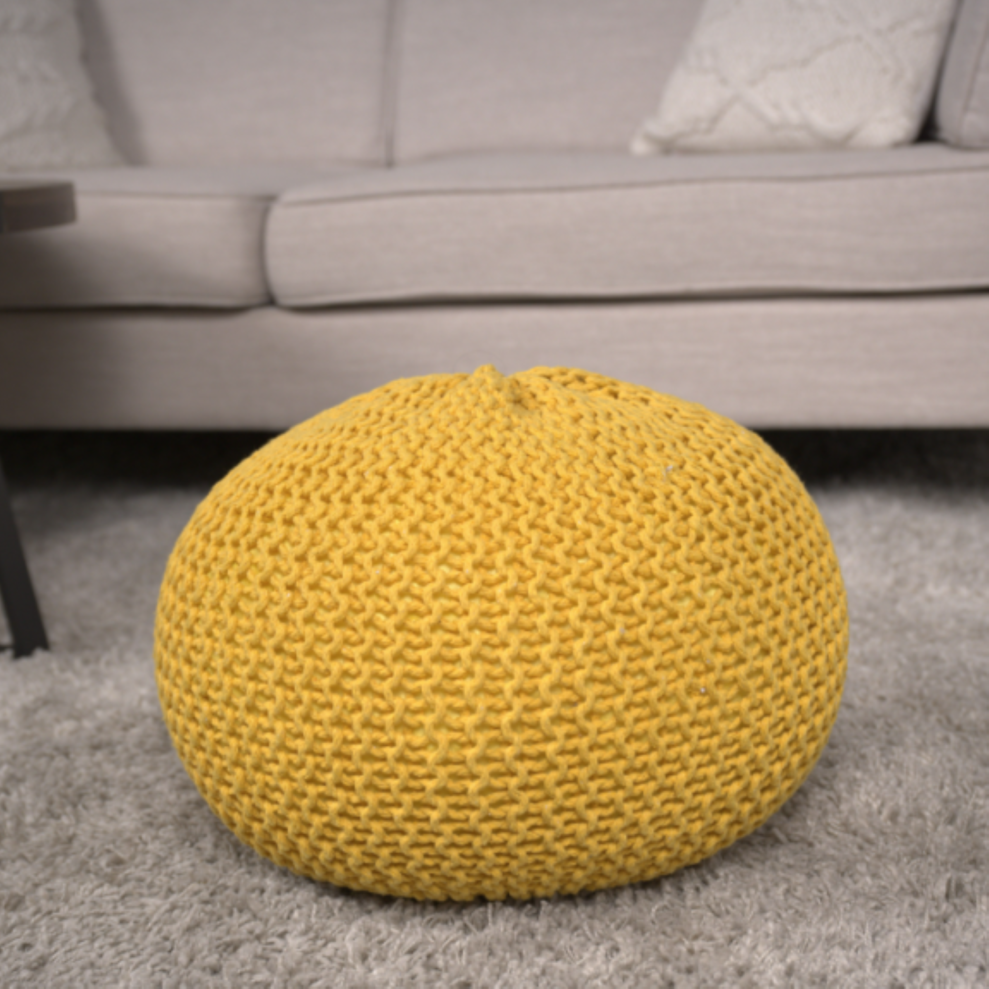 Bordeaux Knitted Cotton Round Pouf, Yellow, Versatile Ottoman and Floor Cushion - Grand Goldman Shop