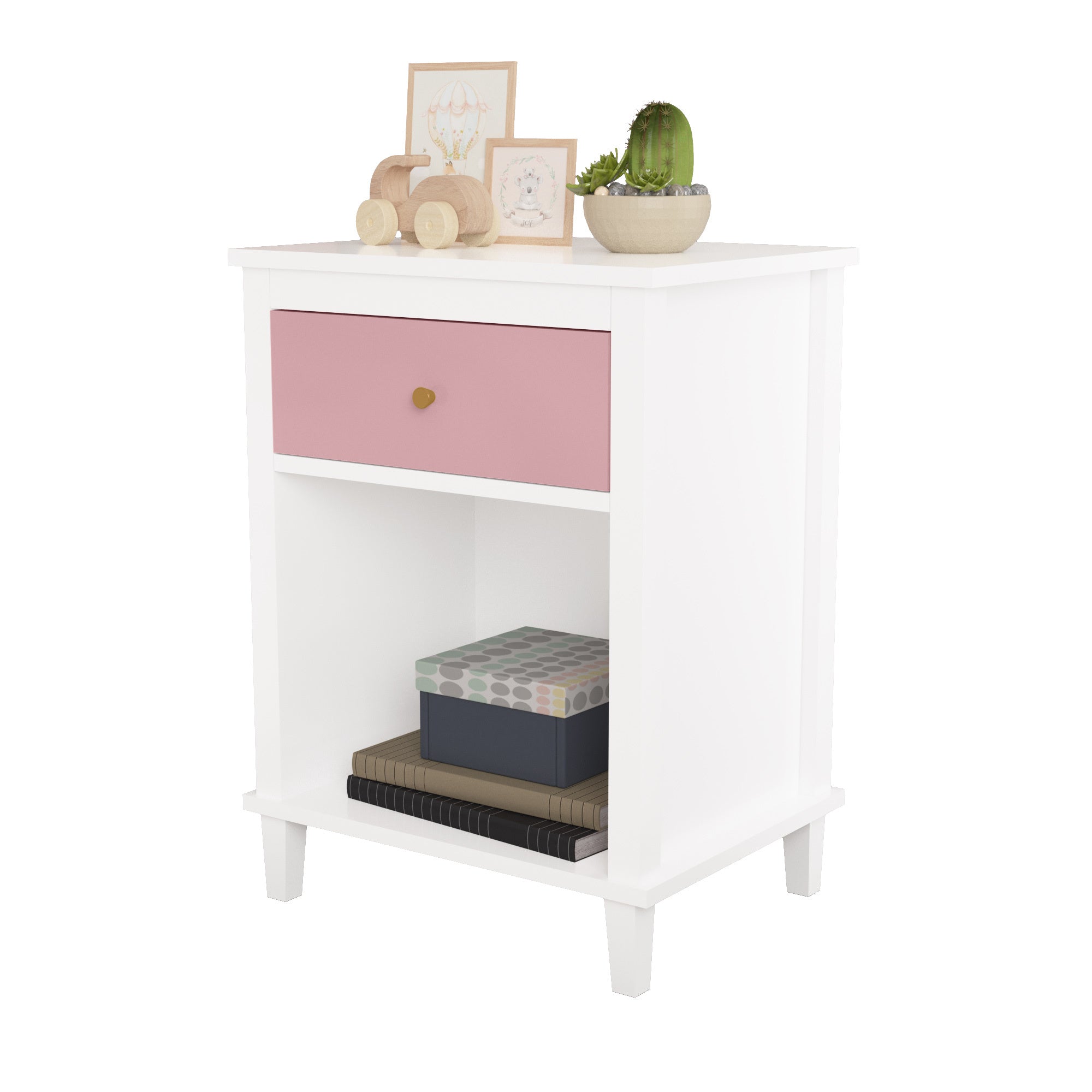 Pink+Golden Handle Wooden Nightstand 26.77''H with One Drawer One Shelf for Kids and Adults - Grand Goldman Shop