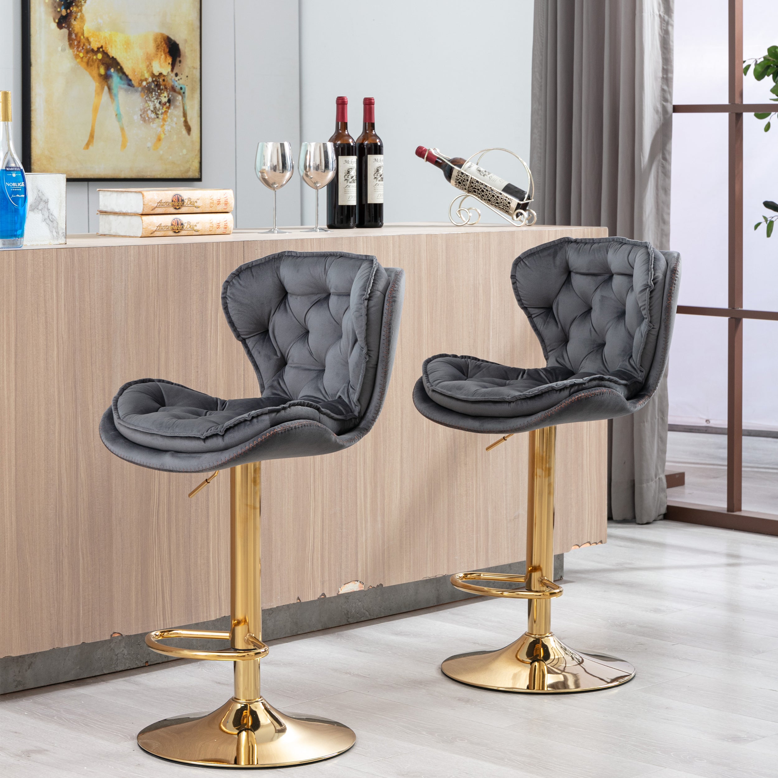 Set of 2  Bar Stools,with Chrome Footrest and Base Swivel Height Adjustable Mechanical Lifting Velvet + Golden Leg Simple Bar Stool-gray - Grand Goldman Shop