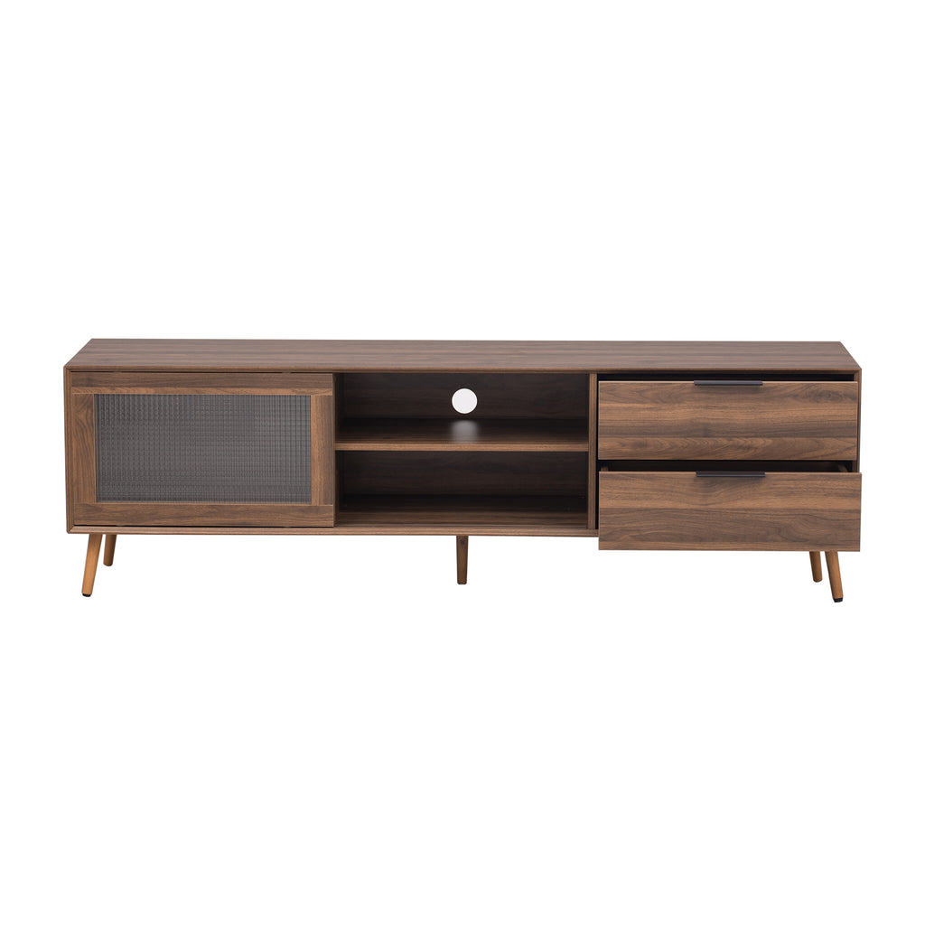 Modern Walnut TV Stand for 75+ TV, 70' Media Console with 2 Glass Doors, 2 Drawers & Storage Cabinet, MDF and Solid Wood Construction - Grand Goldman Shop
