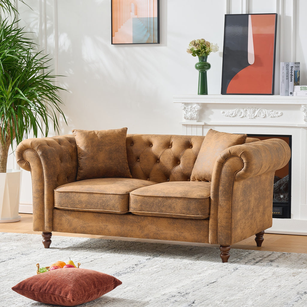 63'Chesterfield ‌tech Fabric Sofa,High-tech Fabric Roll Armrest Sofa,Upholstered Mid Century Modern Couch,2 Seater Couch for Living Room, Office, Apartment, Brown - Grand Goldman Shop