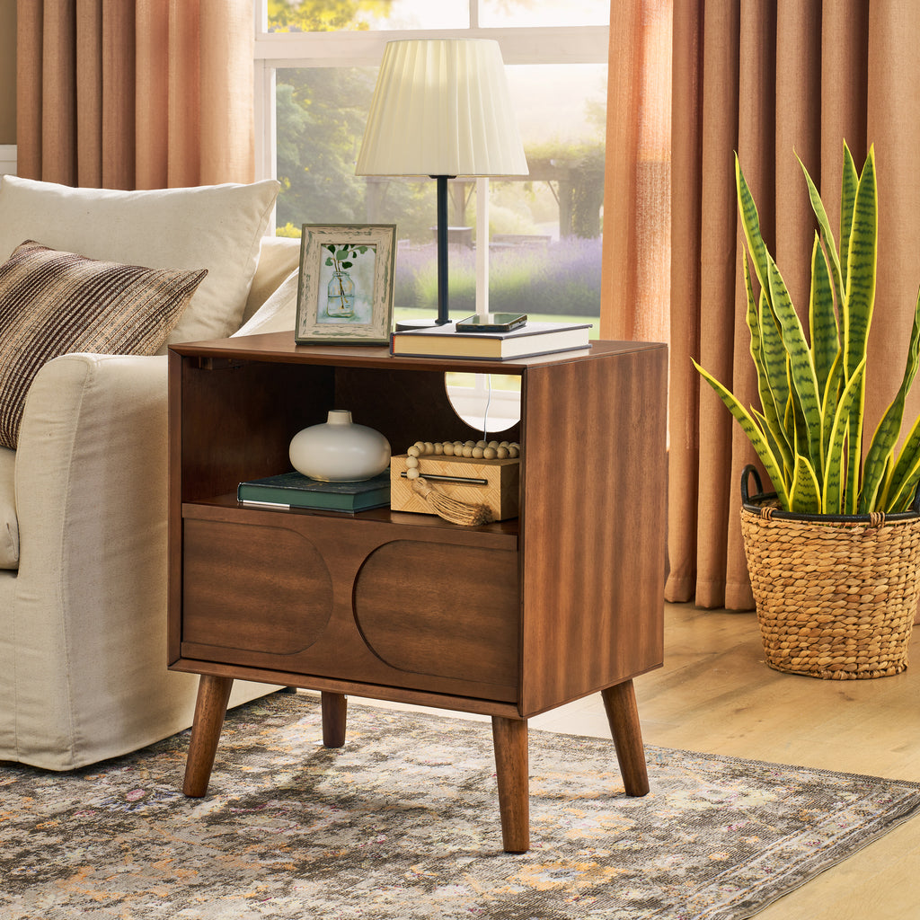 Mid Century Modern Fluted Nightstand with Charging Station USB Ports & Outlet Hole & 4 Solid Wood Legs, Farmhouse End Table with Open Space and Drawer Dresser, Walnut - Grand Goldman Shop