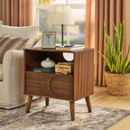 Mid Century Modern Fluted Nightstand with Charging Station USB Ports & Outlet Hole & 4 Solid Wood Legs, Farmhouse End Table with Open Space and Drawer Dresser, Walnut - Grand Goldman Shop