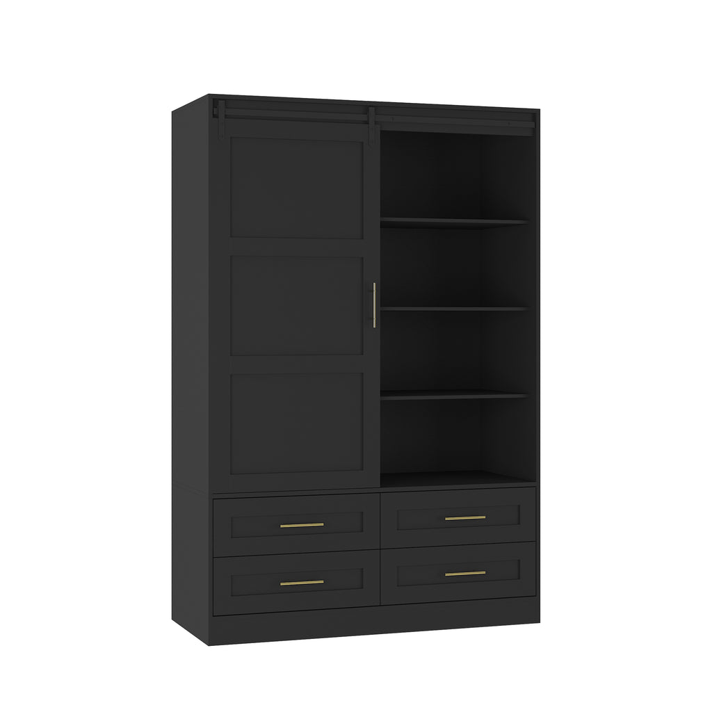 Tall Bedroom Armoire Wardrobe Closet Clothing Storage Cabinet with Hanging Rod Barn Door Drawers Open Shelves - Grand Goldman Shop