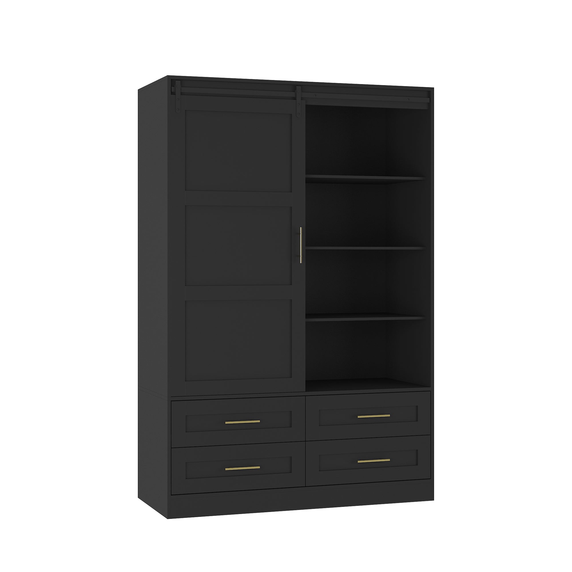 Tall Bedroom Armoire Wardrobe Closet Clothing Storage Cabinet with Hanging Rod Barn Door Drawers Open Shelves - Grand Goldman Shop