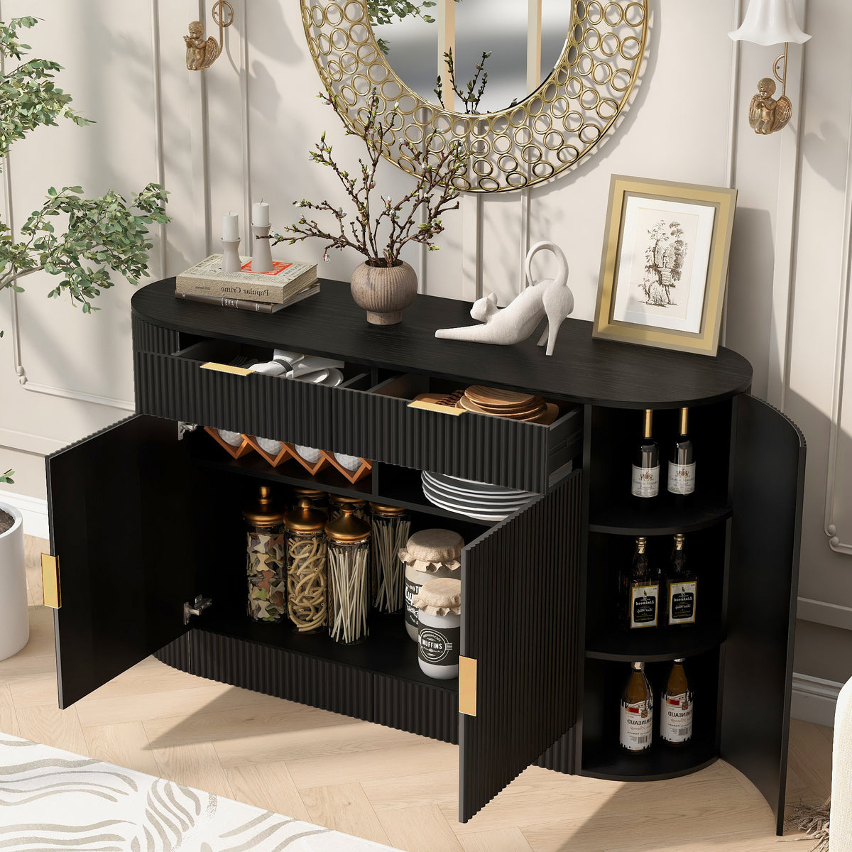 U_STYLE 55.1' Modern Storage Cabinet – 2 Doors & 2 Drawers, Stripe MDF Sideboard with Aluminum Handles, Curved Side Door & 3-Tier Shelves, Buffet Cabinet for Living Room, Bedroom, Dining Room - Grand Goldman Shop
