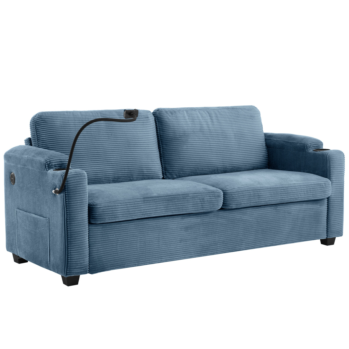 Navy Blue Corduroy Sleeper Sofa Loveseat with Full Size Mattress, USB Ports, Cup Holders, Side Pockets and Phone Holder - Grand Goldman Shop