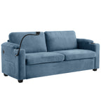 Navy Blue Corduroy Sleeper Sofa Loveseat with Full Size Mattress, USB Ports, Cup Holders, Side Pockets and Phone Holder - Grand Goldman Shop
