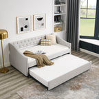Beige Upholstered Tufted Twin Daybed with Trundle, Copper Nail-Trimmed Waved Arms, Eucalyptus Wood Frame, 80.5'x41'x30.5' - Grand Goldman Shop