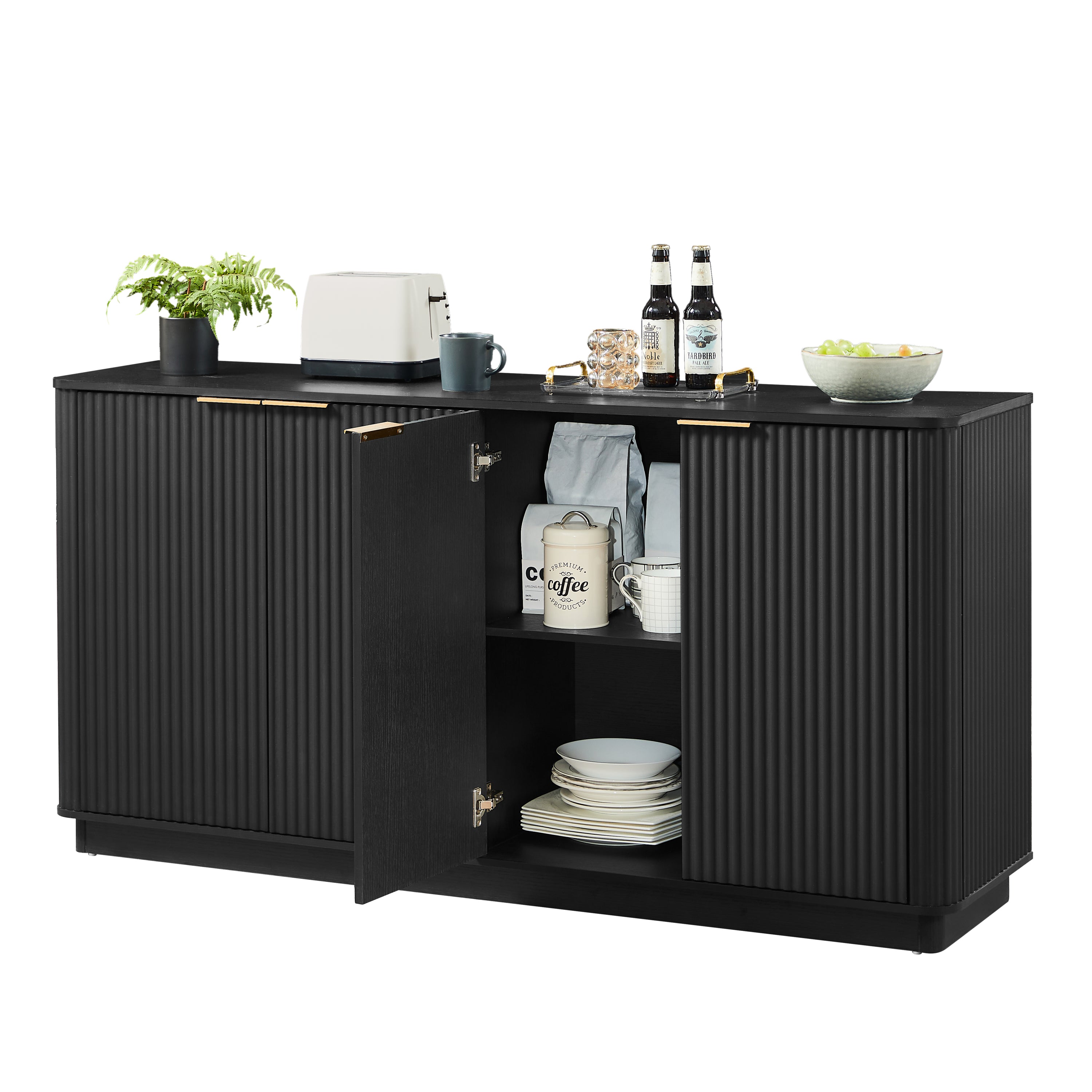 63' Vertical Stripe Buffet Cabinet Sideboard with stoarge, Curved wave Design, TV Stand, for Bedroom, Living Room, Hallway, Black,63''W x 15.75''D x 31.5''H. - Grand Goldman Shop