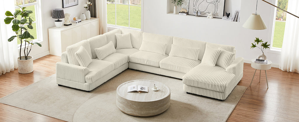 Modern Oversized U-shaped Sectional Sofa with Chaise Lounge in Beige Corduroy, 129' - Grand Goldman Shop