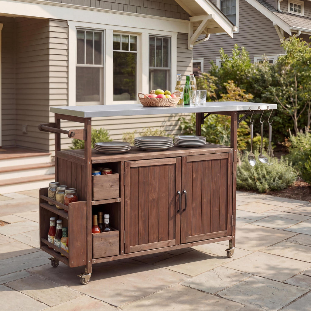 54.33' Farmhouse Rolling Outdoor Kitchen Cart, Solid Wood Frame with Stainless Steel Top, Spice Rack, Towel Rack, Lockable Wheels & Multi-Functional Storage for Patio, Backyard BBQ & Kitchen - Grand Goldman Shop