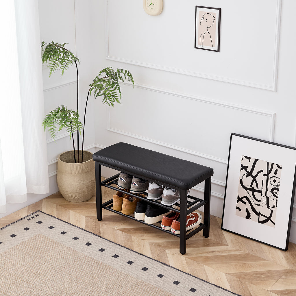 Small Shoe Bench, 3-Tier Shoe Rack with PU Seat Cushion, Black Metal Mesh Shelves, Freestanding Entryway Organizer for Hallway, Living Room, or Bedroom - Grand Goldman Shop