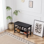 Small Shoe Bench, 3-Tier Shoe Rack with PU Seat Cushion, Black Metal Mesh Shelves, Freestanding Entryway Organizer for Hallway, Living Room, or Bedroom - Grand Goldman Shop