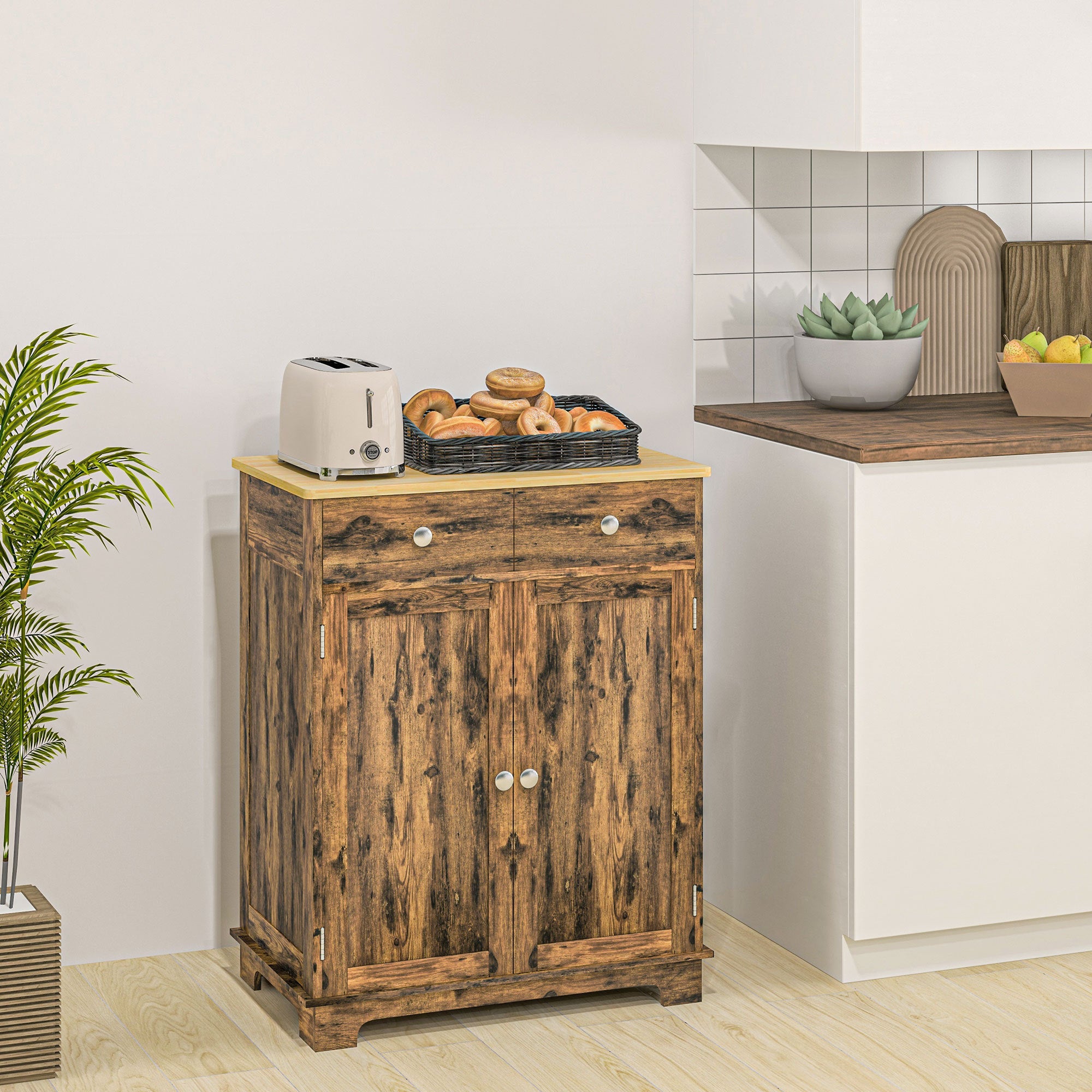 HOMCOM Sideboard with Solid Wood Countertop, Modern Kitchen Storage Cabinet, Coffee Bar Cabinet with 2 Drawers, Doors and Adj