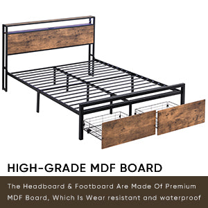 Full Size Bed Frame with Storage Headboard and 2 Drawers, LED Lights Bed with Charging Station, Metal Platform Bed No Noise, Mattress Foundation Strong Metal Slats Support No Box Spring Needed - Grand Goldman Shop