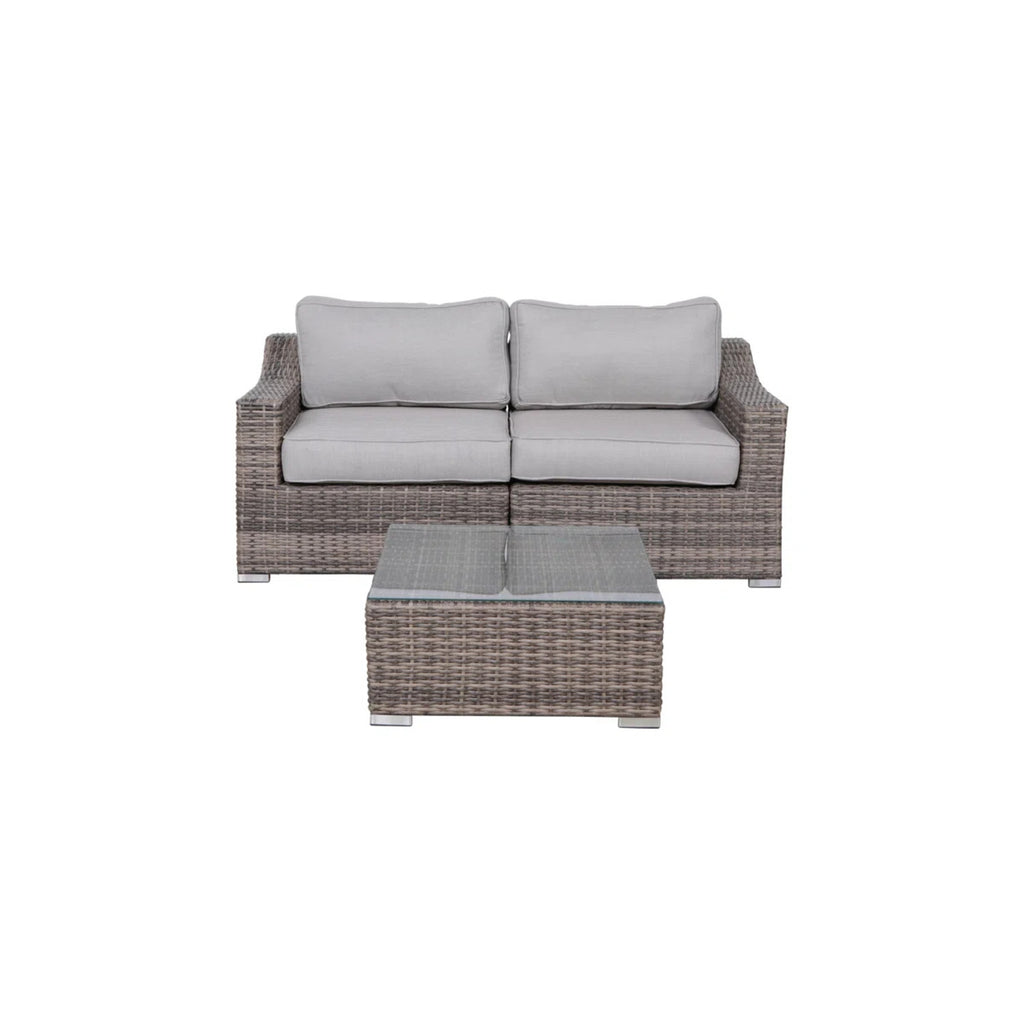Modern Wicker Seating Set with Cushions in Grey - 2-Person Loveseat & Coffee Table