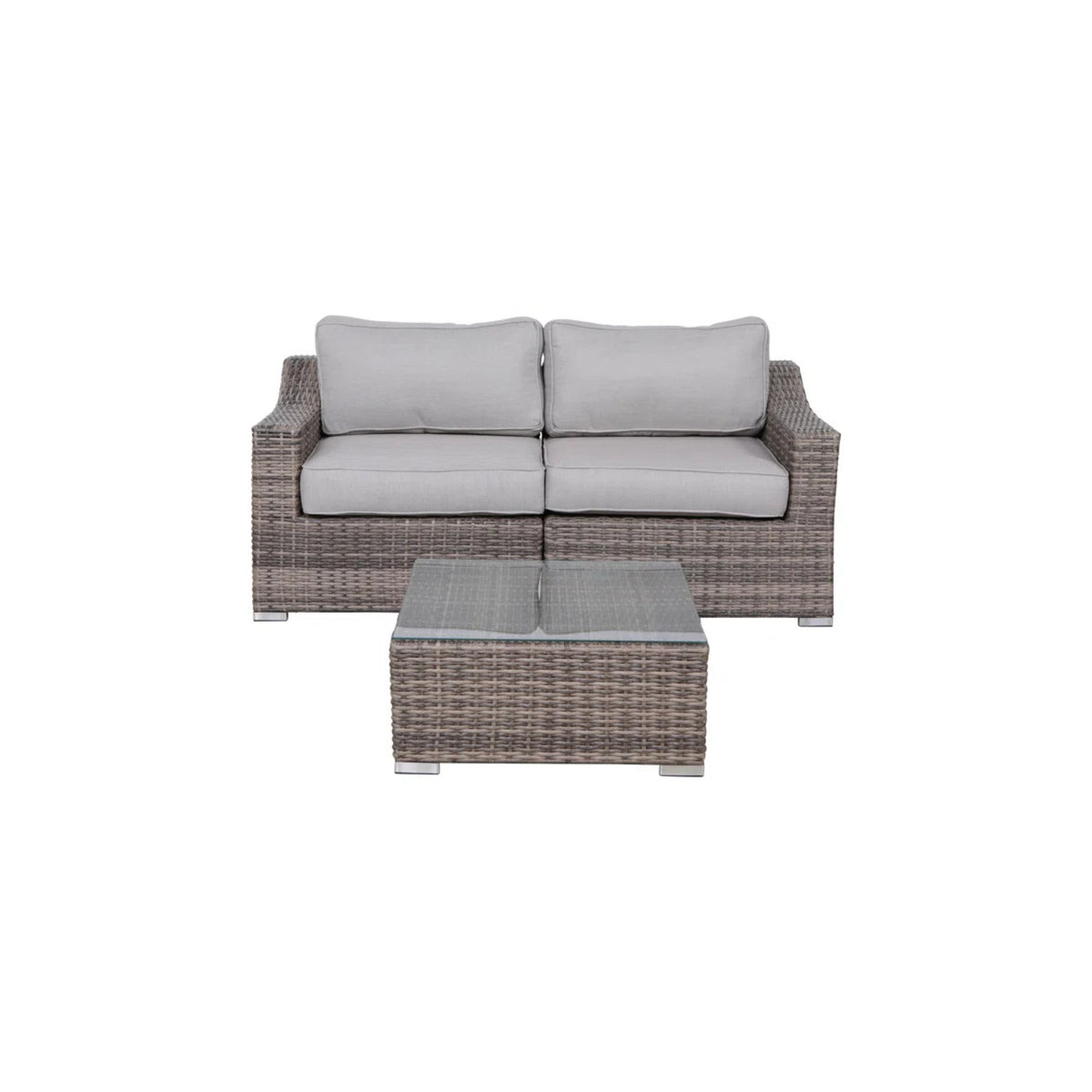 Modern Wicker Seating Set with Cushions in Grey - 2-Person Loveseat & Coffee Table