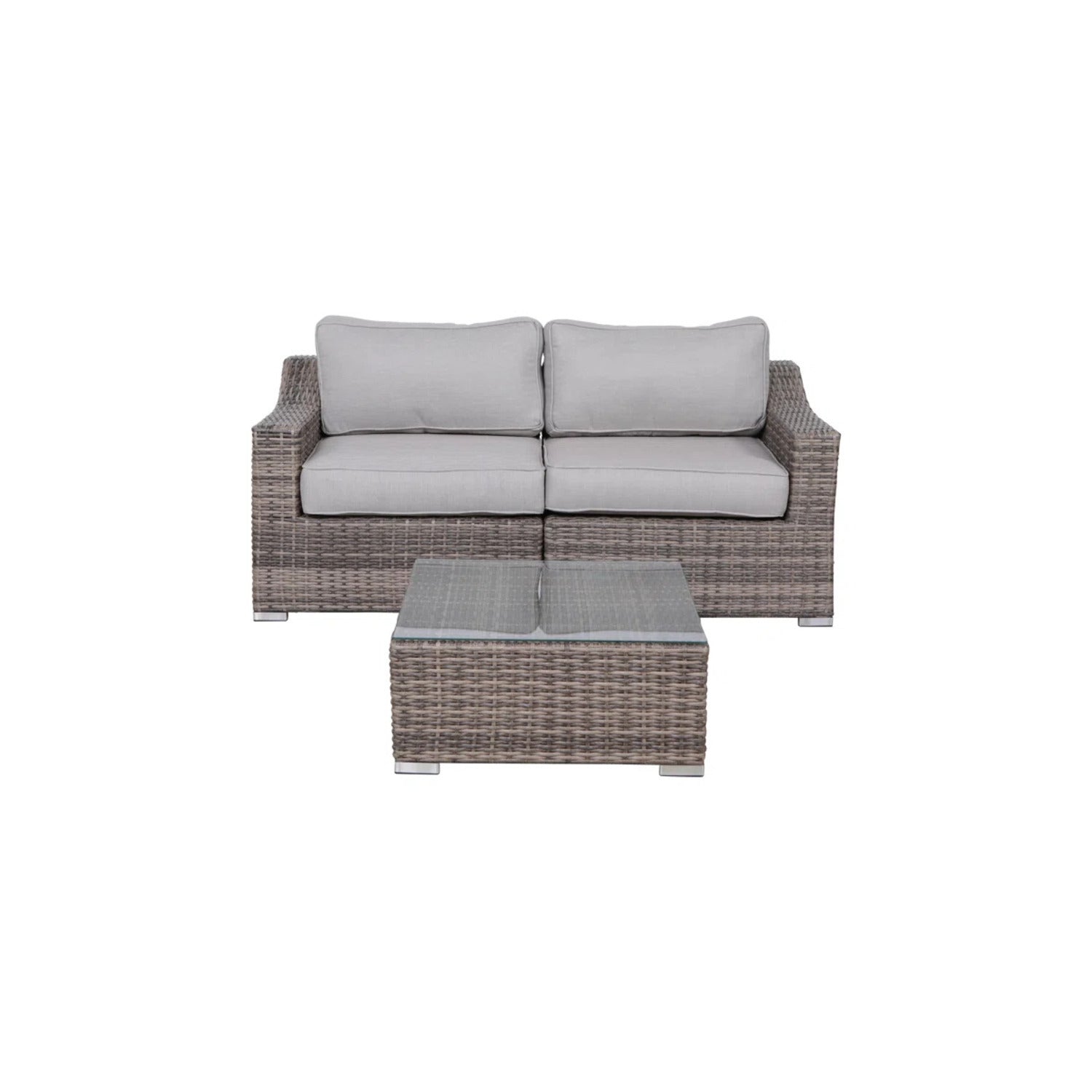 Modern Wicker Seating Set with Cushions in Grey - 2-Person Loveseat & Coffee Table