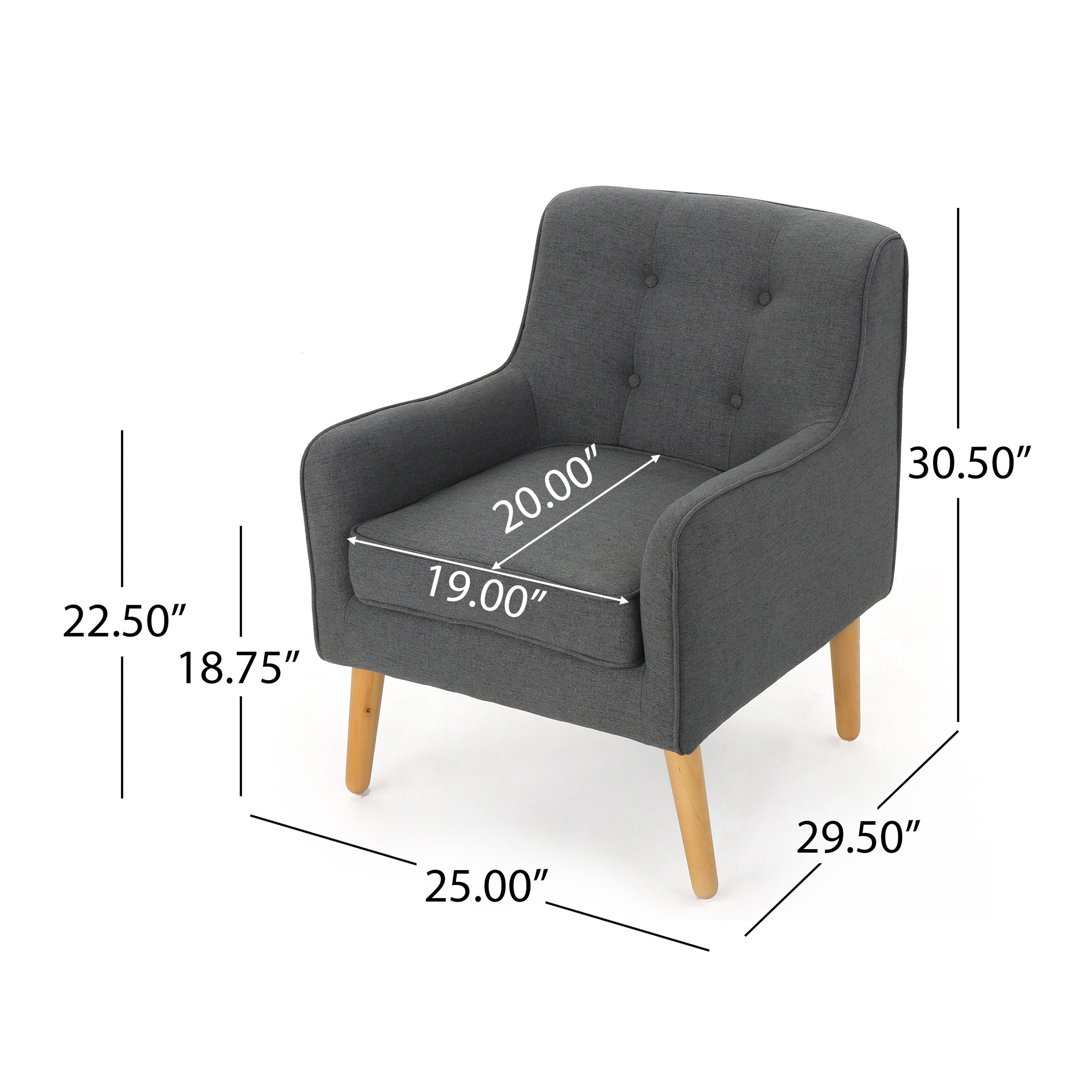 Mid-Century Modern Arm Chair in Charcoal Fabric with Tufted Back and Wooden Legs - Grand Goldman Shop