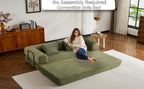 Convertible Sleeper Sofa Bed with Cylindrical Pillow, Corduroy Folding Mattress Couch with Fixed-Shape Frame, Floor Sofa Lounge Couch for Living Room Bedroom (Green) - Grand Goldman Shop