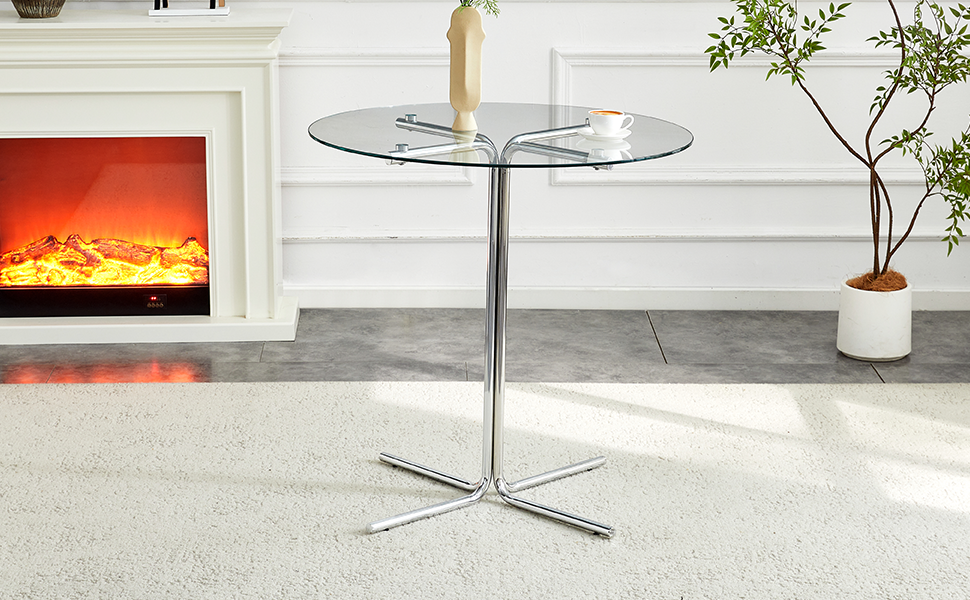 Round glass bar high table, 36 inch round bar table, tempered glass tabletop, sturdy silver chrome plated four column support, suitable for transparent round bar tables in small spaces, kitchens - Grand Goldman Shop