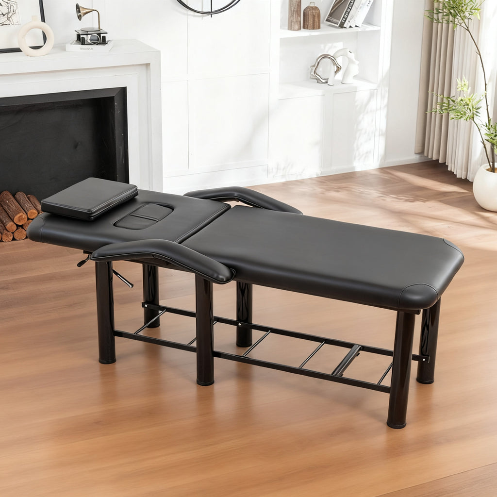 Professional Black Beauty Bed with Removable Headrest & Breast Cushions, Armrests and Storage Shelf for Massage, Facial, Tatt