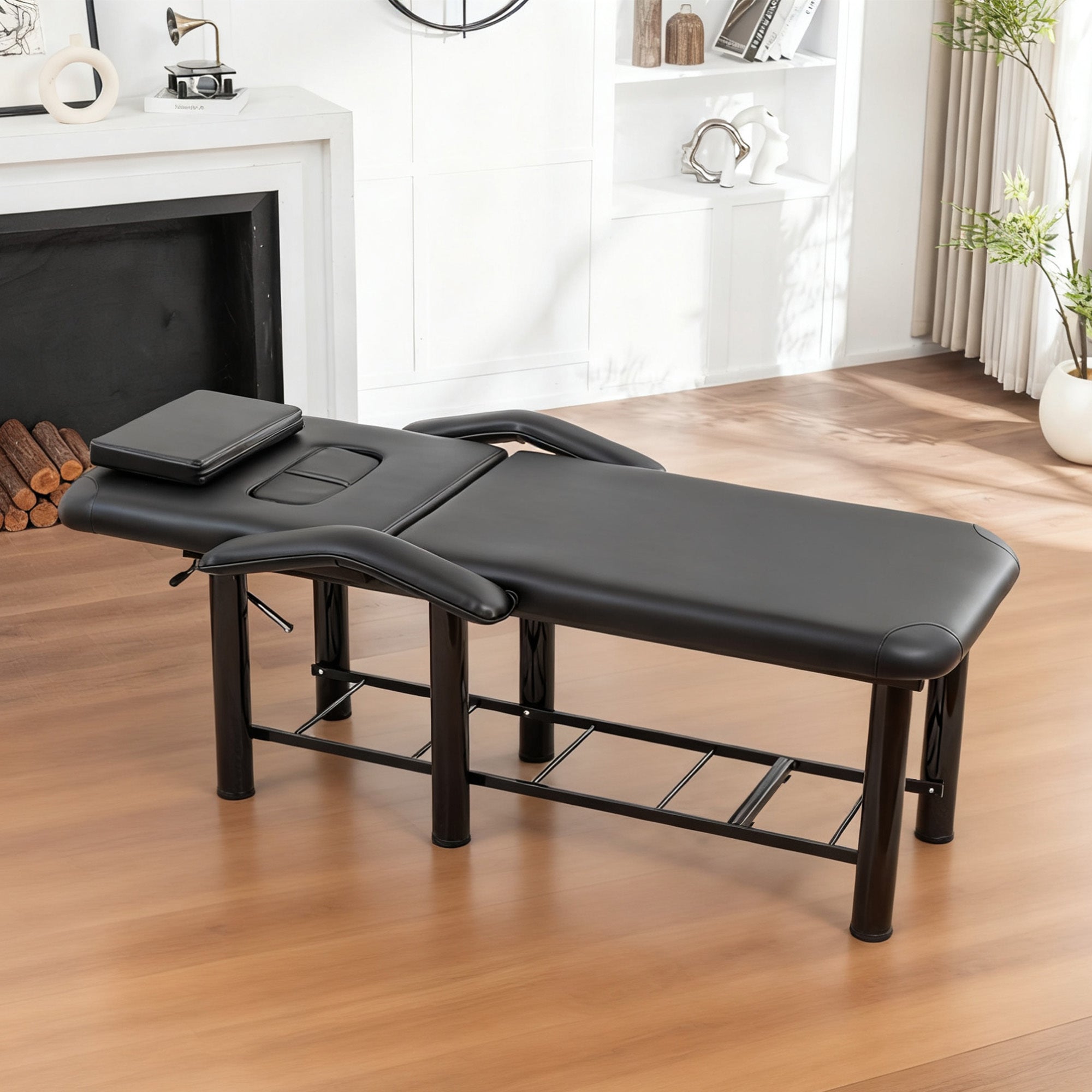 Professional Black Beauty Bed with Removable Headrest & Breast Cushions, Armrests and Storage Shelf for Massage, Facial, Tatt