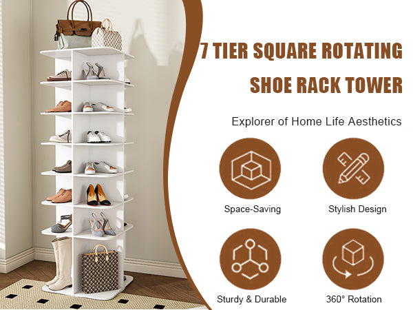 7-Tier Square Rotating Shoe Rack Tower with 360° Spinning Organizer, White - Grand Goldman Shop