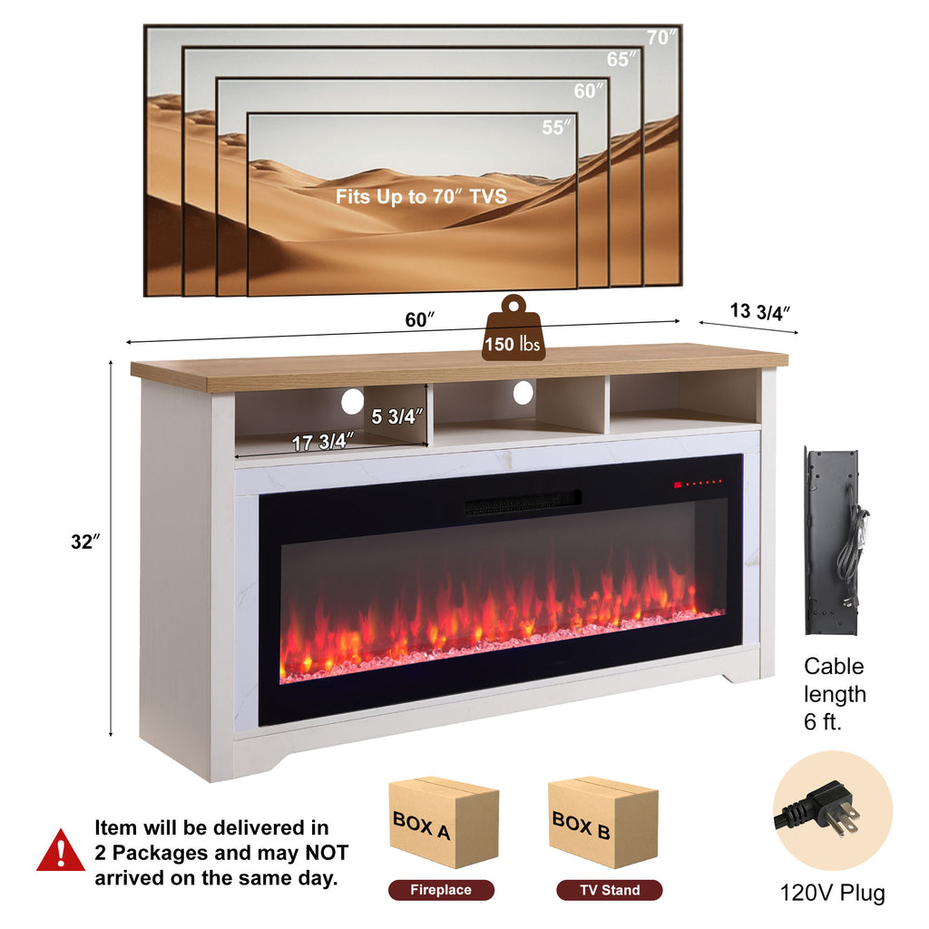 60 inch Fireplace TV Stand for TVs up to 70',with 50'smart Electric Fireplace,white - Grand Goldman Shop