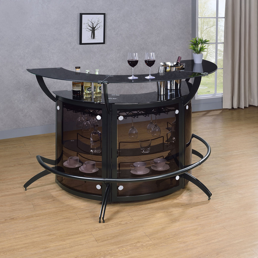 Elaina Black 3-Piece Curved Freestanding Home Bar with Smoked Acrylic Panels and Silver Metal Frame, Black Finish, Glass and Metal Construction - Grand Goldman Shop