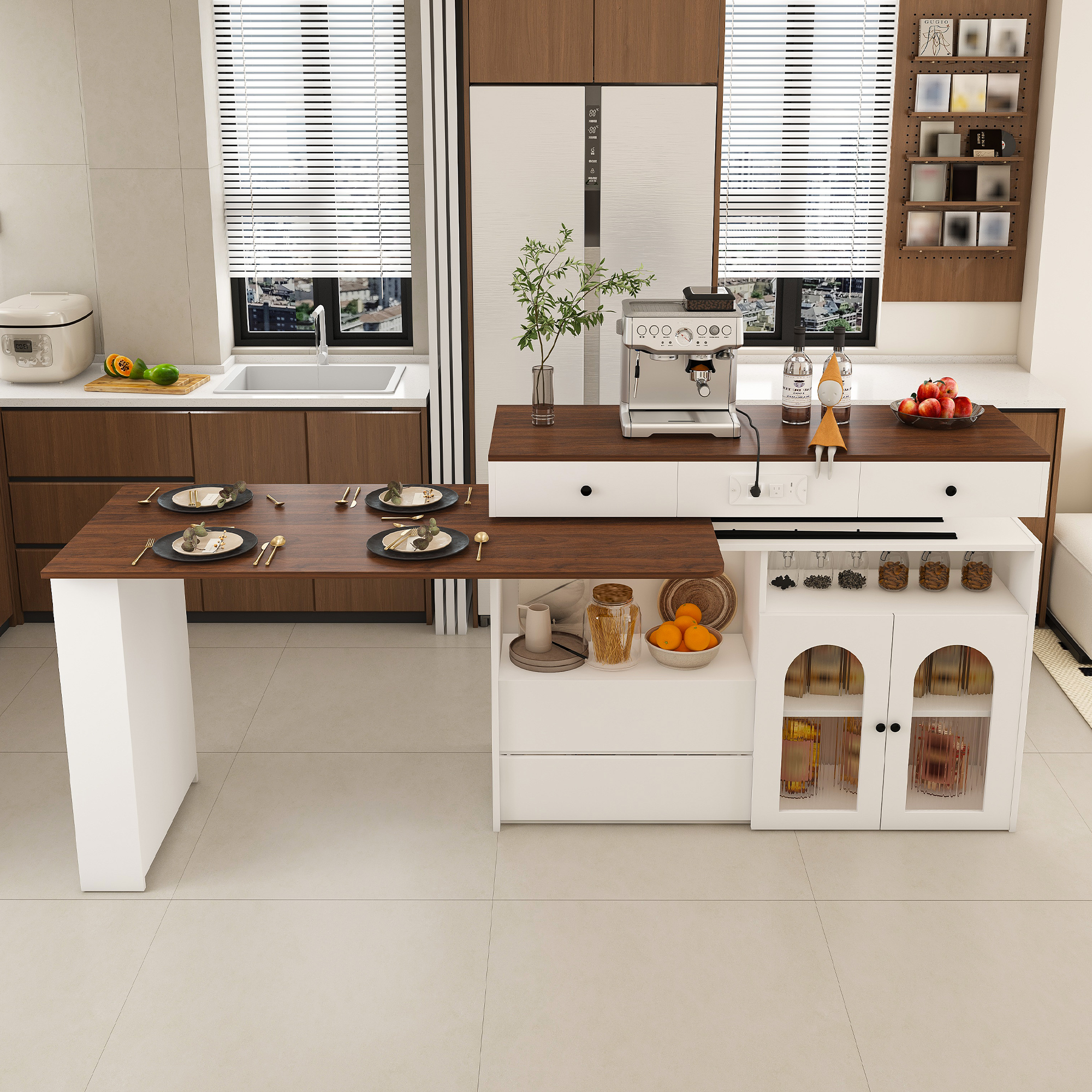 Kitchen Island with Extendable & Rotating Table, MDF with Walnut Veneer Retro Design, 4 Drawers & Glass Door Cabinets with Built-in Socket, Expandable Dining Station for 2-4 Person - Grand Goldman Shop