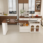 Kitchen Island with Extendable & Rotating Table, MDF with Walnut Veneer Retro Design, 4 Drawers & Glass Door Cabinets with Built-in Socket, Expandable Dining Station for 2-4 Person - Grand Goldman Shop