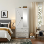 2 Door Wood Wardrobe for Bedroom with Hanging Clothing Rod inside the Cabinet and 2 Drawers for Storage Organization, Built-in induction light Multifunctional Closet with Mirror, White - Grand Goldman Shop