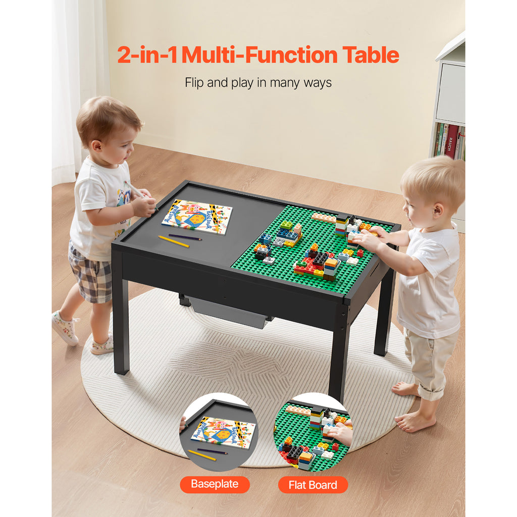 Kids Wooden Activity Table, Building Blocks Double-Sided Tabletop, Multi-Purpose Activity Play Table with 2 Storage Bins for 