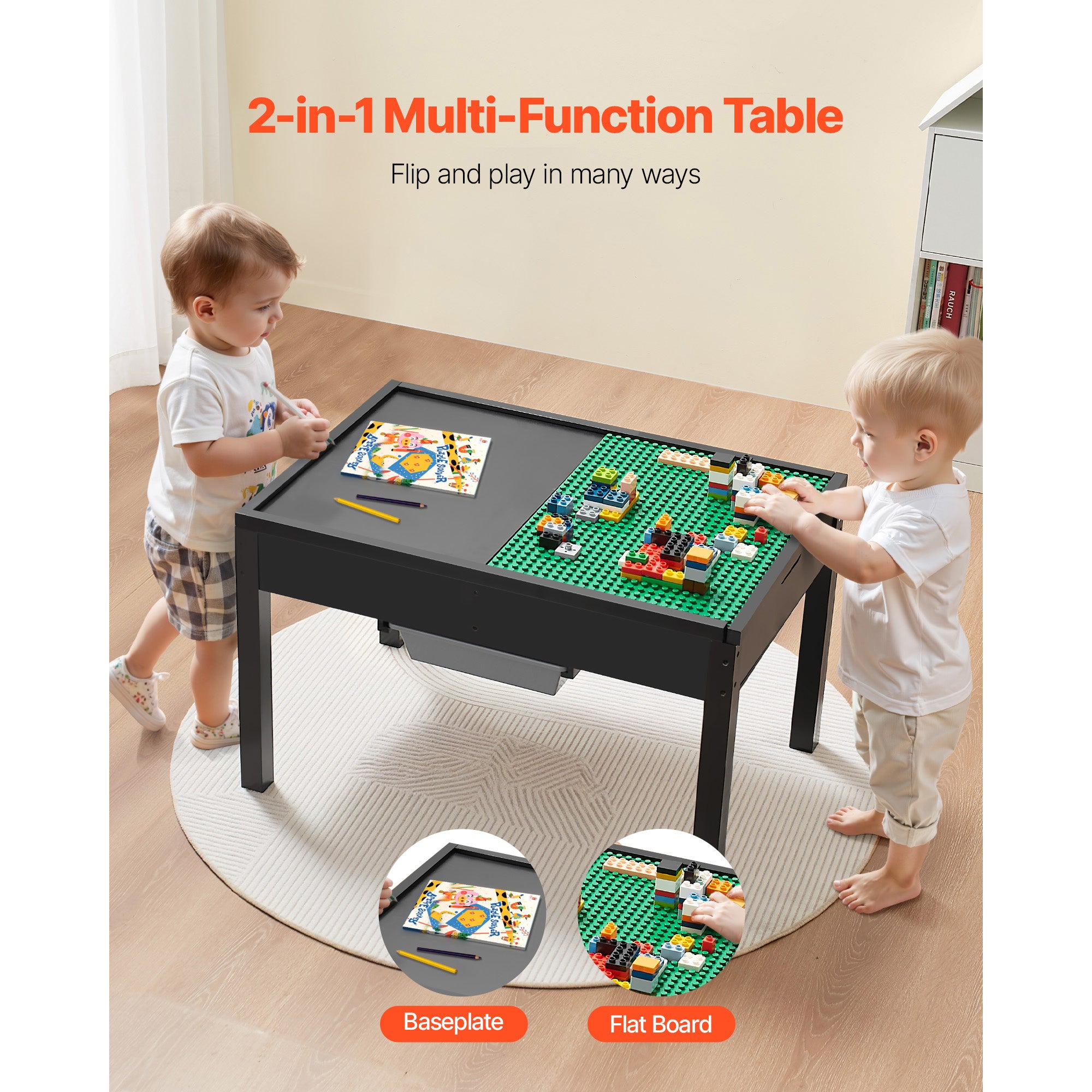 Kids Wooden Activity Table, Building Blocks Double-Sided Tabletop, Multi-Purpose Activity Play Table with 2 Storage Bins for 