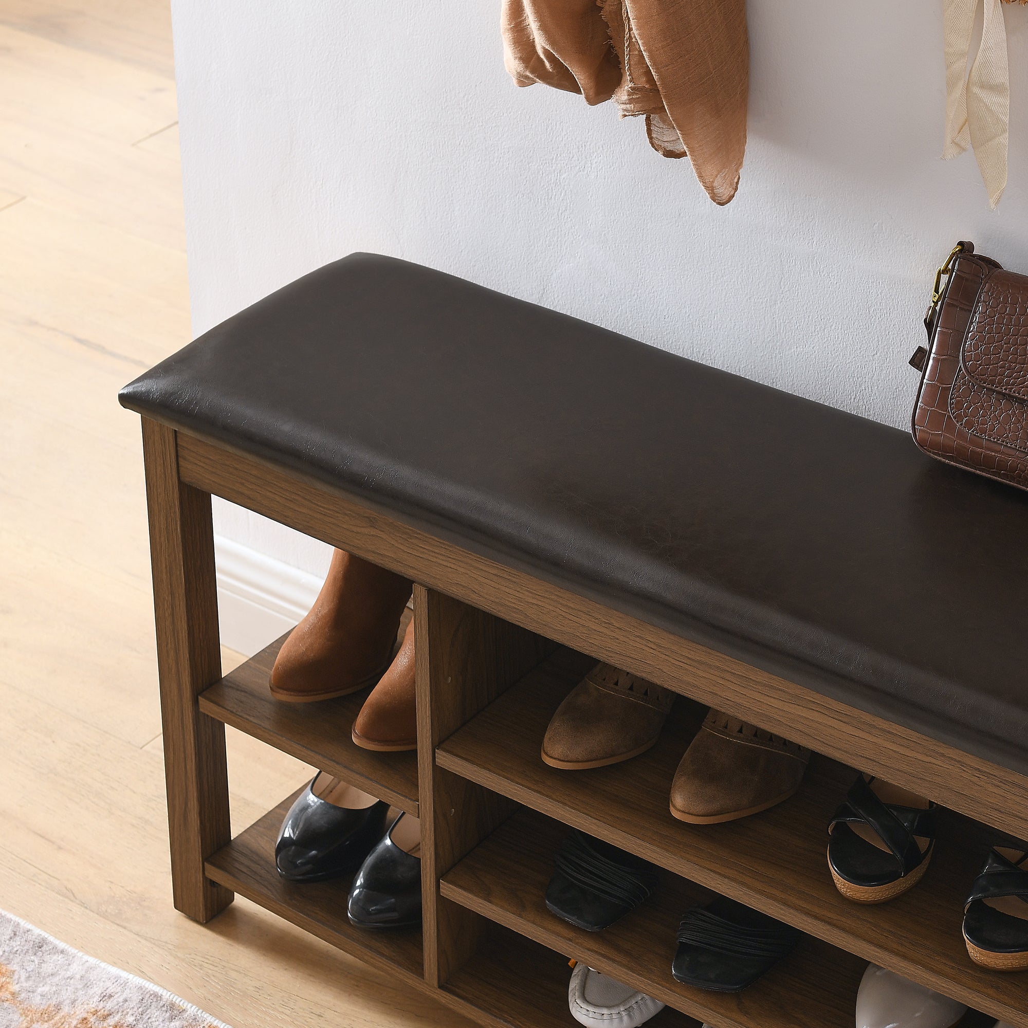 A height-adjustable long shoe-changing bench,made of natural rubberwood,comes with a comfortable seat,concealed storage space and large storage compartments. features natural wood grain.Brown - Grand Goldman Shop