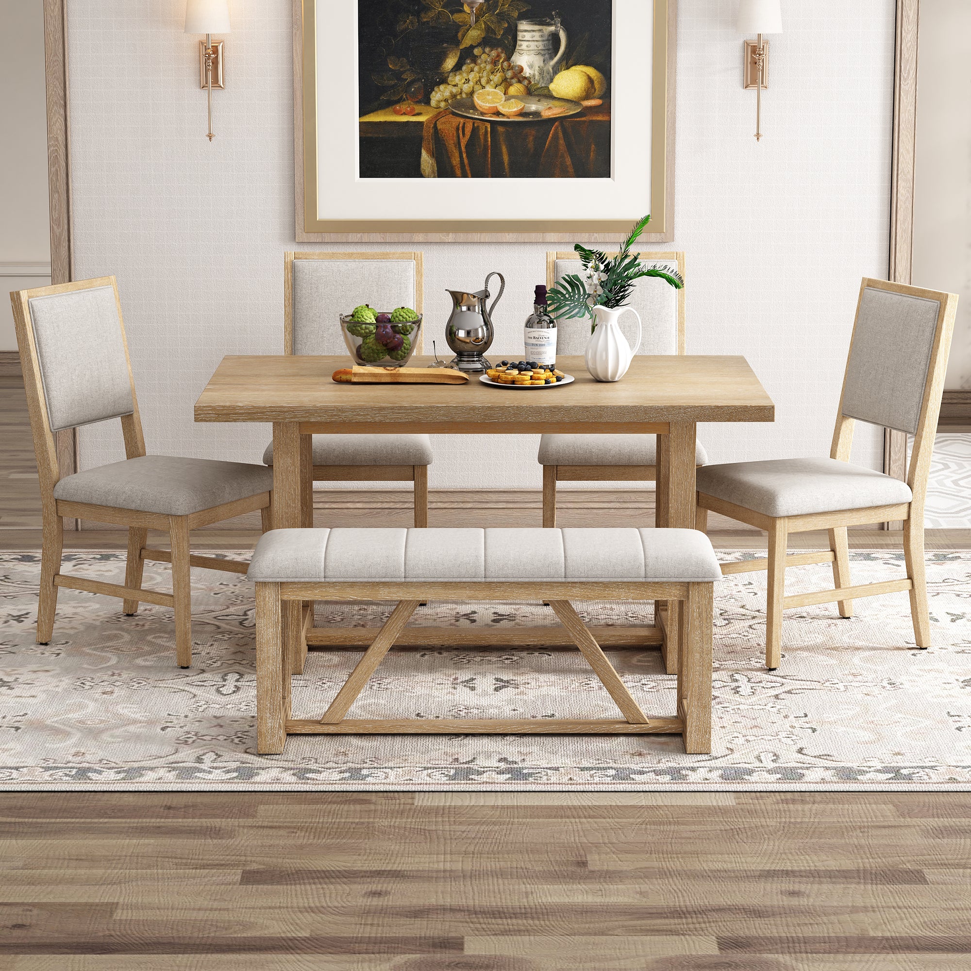 TREXM 6-Piece Retro Dining Table Set for 6, 60' Wood Kitchen Table and Chairs Set of 4 with Bench Designed Trestle Base for kitchen & Dining Room (Natural) - Grand Goldman Shop