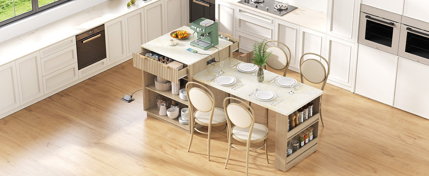 K&K 82.6' Fluted Kitchen Island with Extendable Dining Table for 4-6, Island Table for Kitchen with Power Outlet, Kitchen Table with Double-Side Storage, 2 Drawers 2 Side Open Shelves, Natural - Grand Goldman Shop