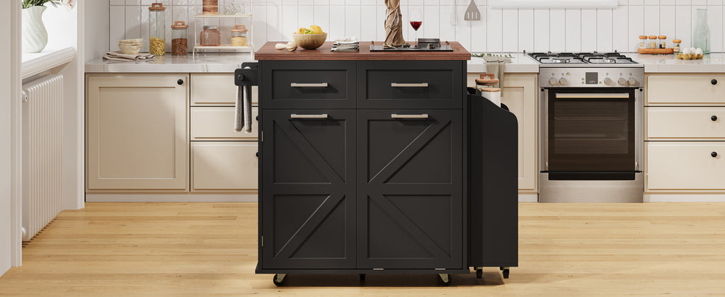 K&K 47.2' Farmhouse Kitchen Island with Drop Leaf, Kitchen Storage Island with Removable Side Racks, Two Drawers, Rolling Kitchen Cart on Wheels with Towel Rack, for Home, Kitchen, Dining Room, Black - Grand Goldman Shop