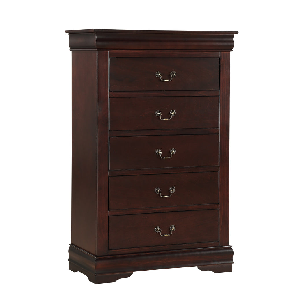 Contemporary Louis Philip Cherry Finish Chest with Five Drawers Solid Wood Ample Storage - Grand Goldman Shop