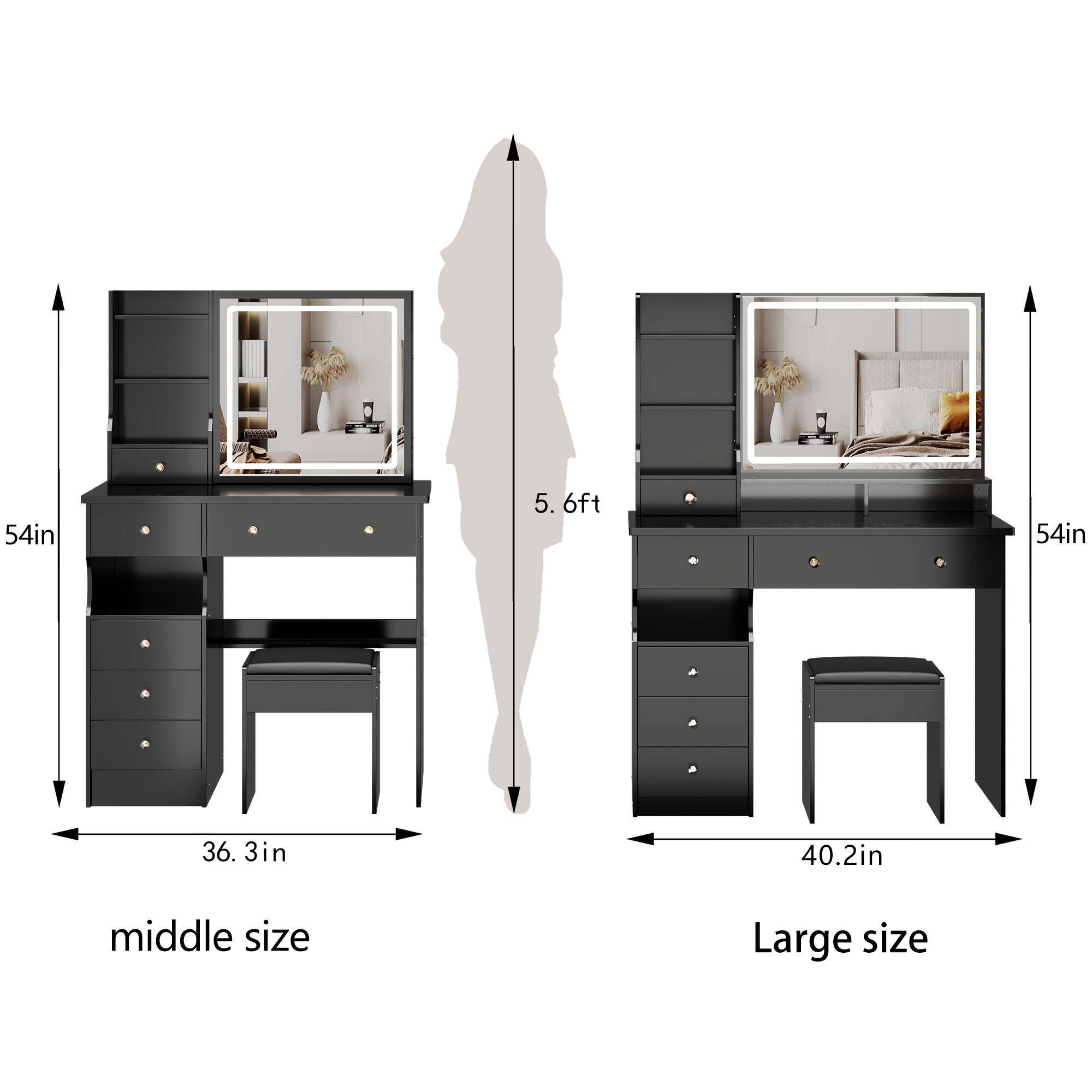 41' Large Sized Desktop Vanity Table + Cushioned Stool, Oversized desktop, Large Touch Control LED Mirror, 3-color Switch, Multi Layer High Capacity Storage Fashion Dresser, EPA, GCC, UL Certificate - Grand Goldman Shop