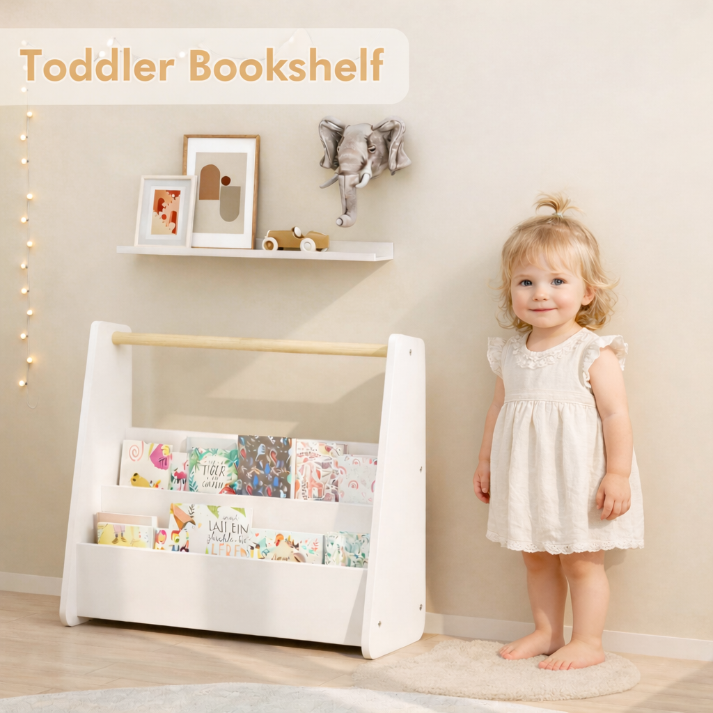 Kids Bookshelf with Wooden Handle, 2-Tier Front-Facing Toddler Bookcase, Portable Children's Book Storage Organizer for Bedro